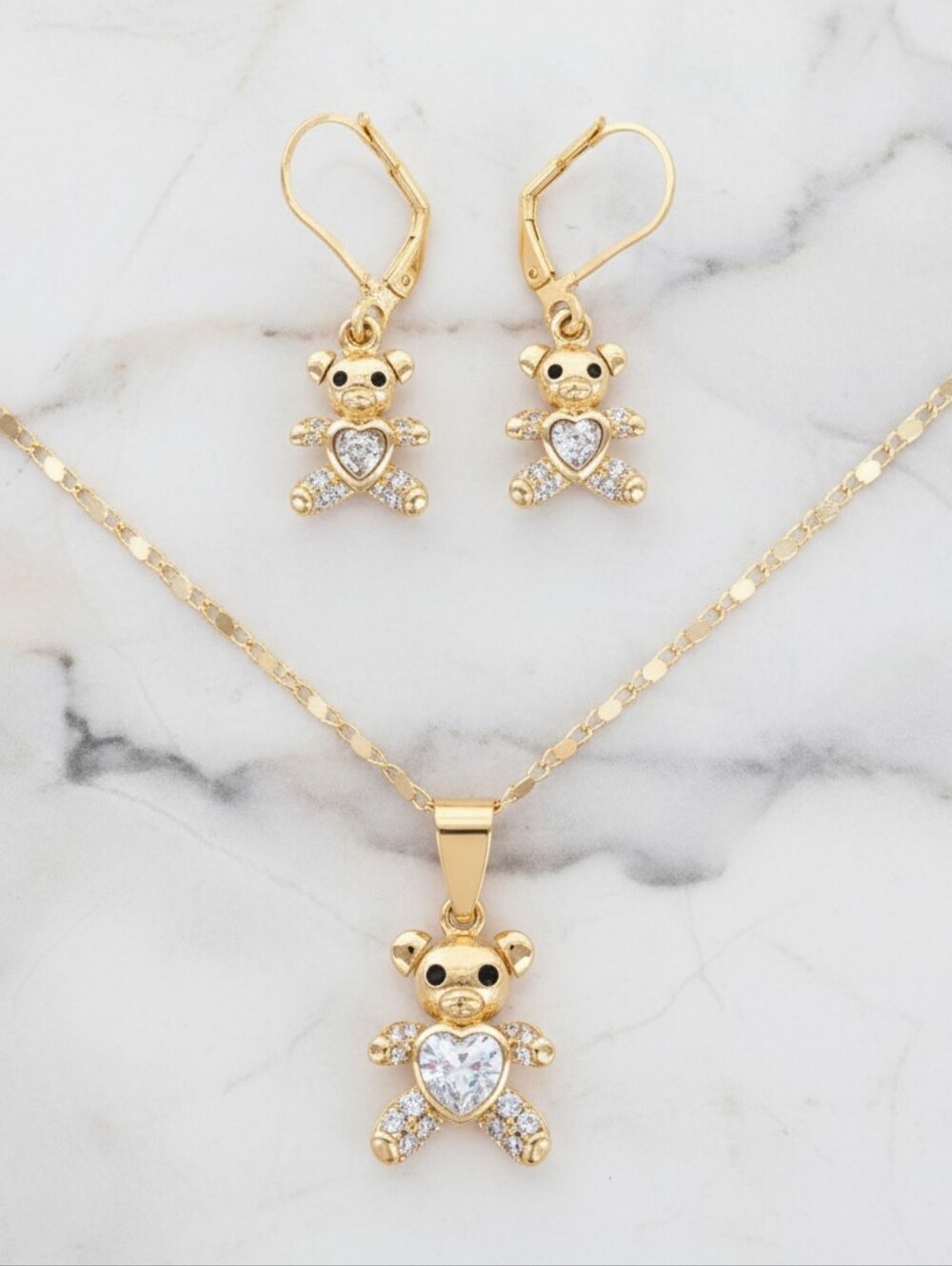 18K Gold-Filled Teddy Bear Charm Set | Pavé CZ Heart Necklace & Earrings